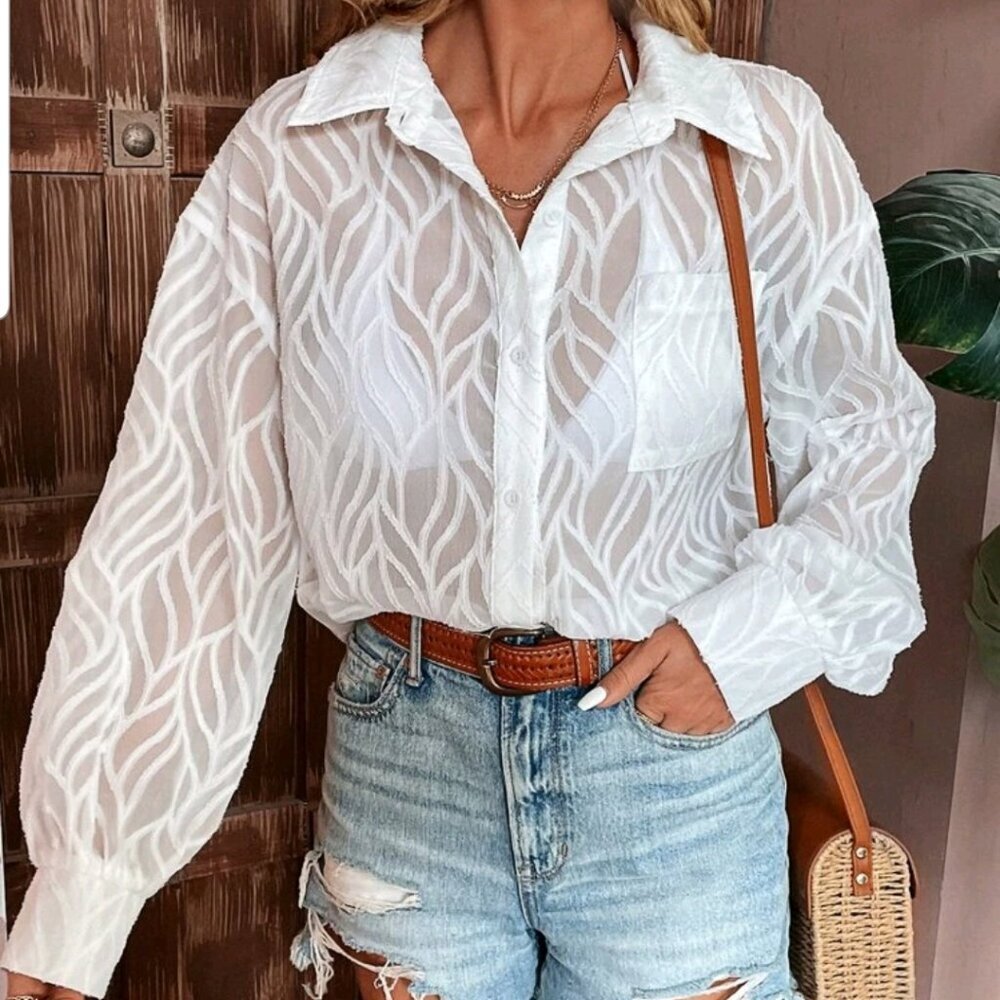 white sheer striped long sleeve button down blouse shein size M (172)